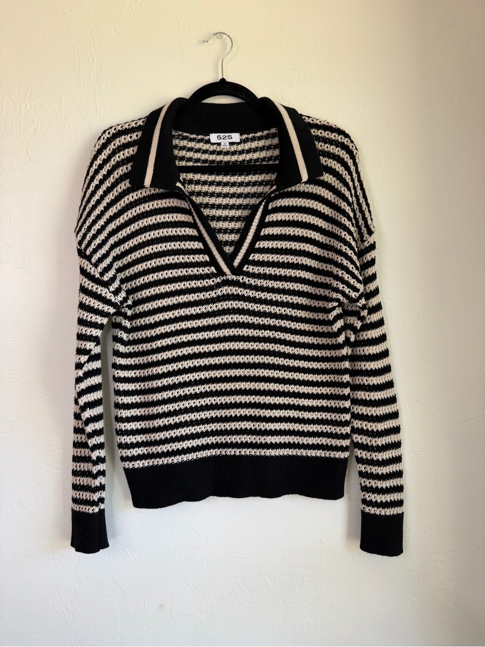 525 America Black Cream Striped Collared Coastal Polo Sweater - Picture 6 of 10